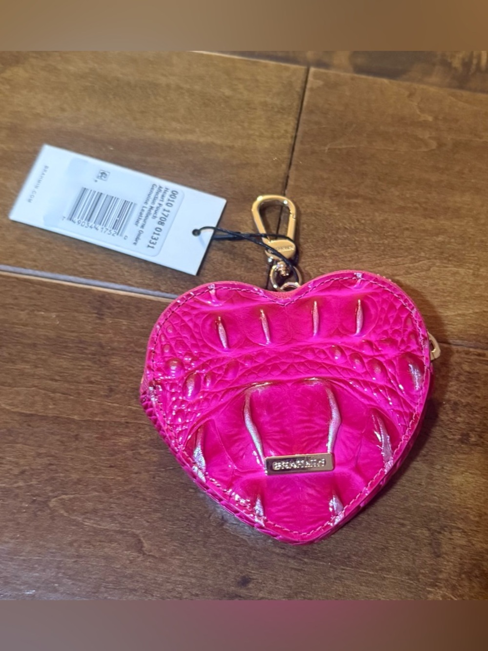 Brahmin Hot Pink Croc-Embossed Heart Key Pouch with Gold Hardware